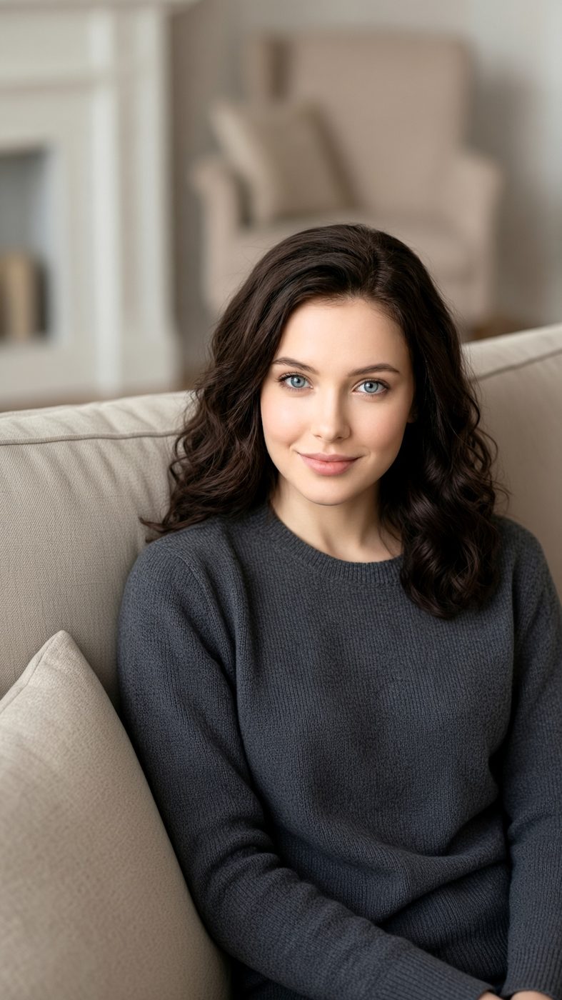 Mila on a cozy couch, ready for a midnight confession